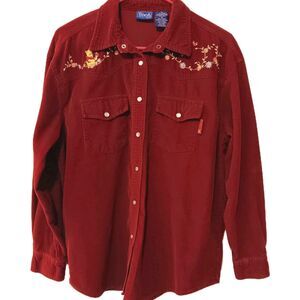 Vtg 90s Winnie The Pooh Embroidered Corduroy Western Snap Shirt Sz M Deep Red